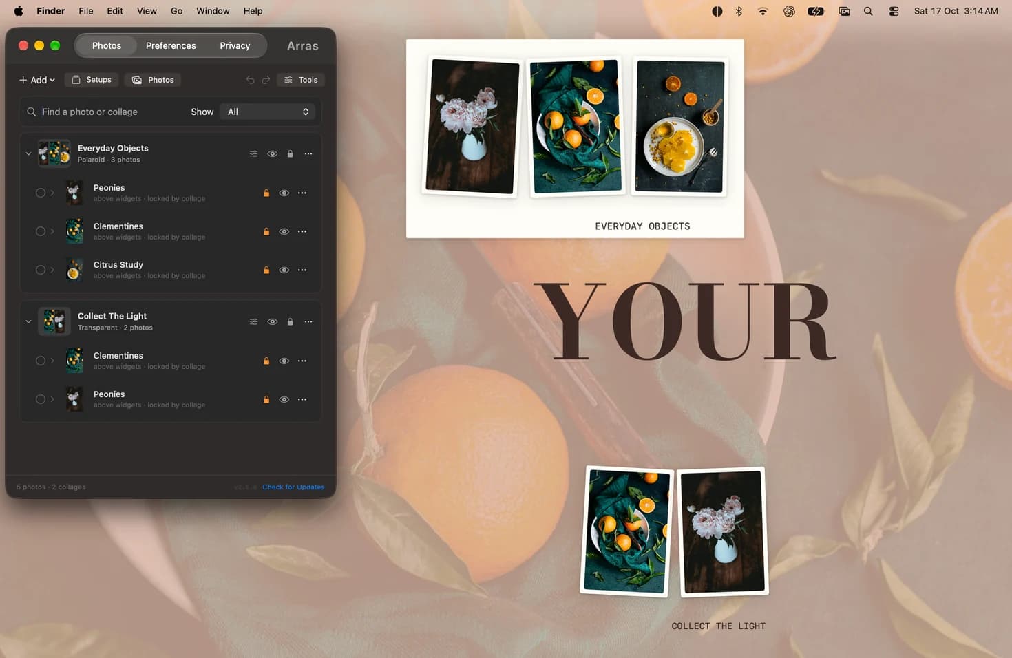 Three framed photos in a paper collage beside a transparent photo group, with captions on a real Mac desktop.