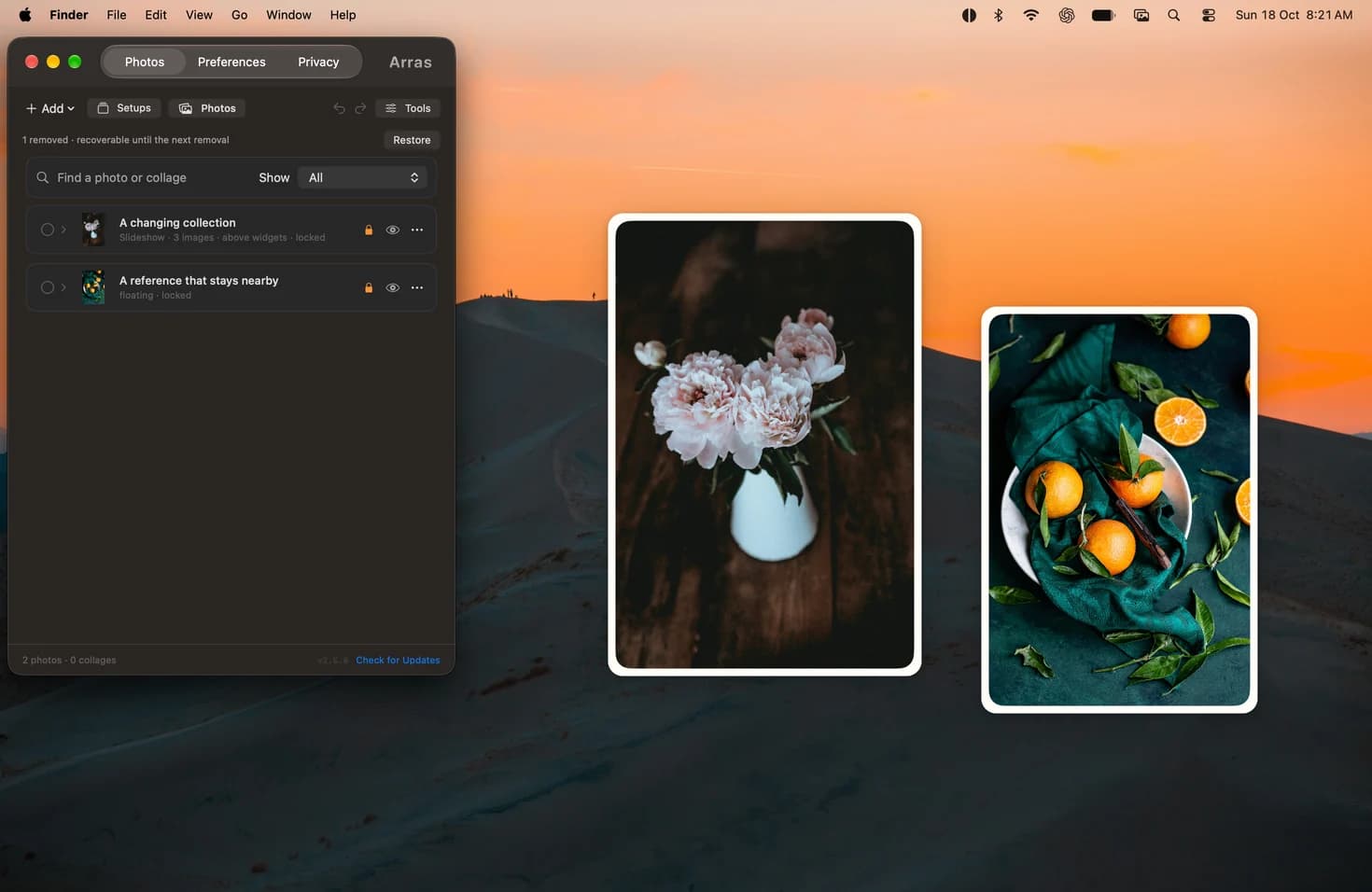 An Arras slideshow and a separate photo with Floating depth selected in Settings, on a warm sand-dune Mac desktop.